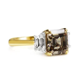 18ct Yellow and White Gold Asscher Champagne Diamond 3 Stone Ring