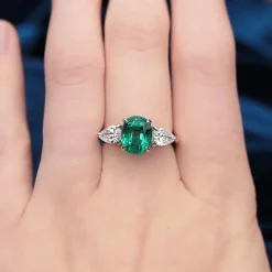 18ct Yellow and White Gold Emerald and Pear Shaped Diamond 3 Stone Ring