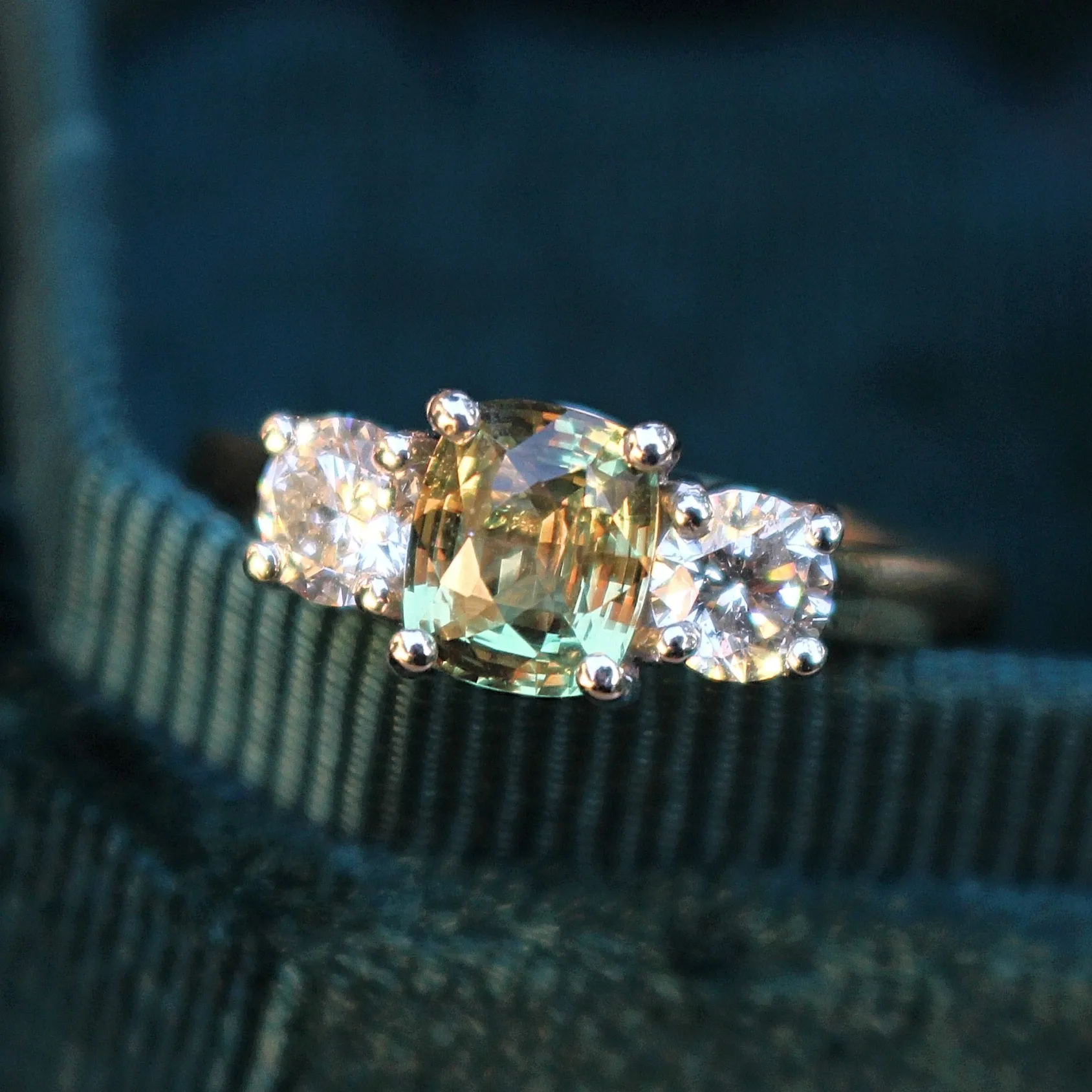 18ct Yellow and White Gold Natural Alexandrite and Diamond 3 Stone Ring