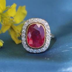 18ct Yellow and White Gold Antique Ruby and Diamond Halo Ring