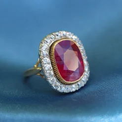 18ct Yellow and White Gold Antique Ruby and Diamond Halo Ring