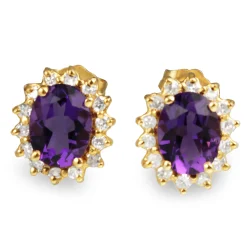 14ct Yellow Gold Amethyst and Diamond Halo Stud Earrings