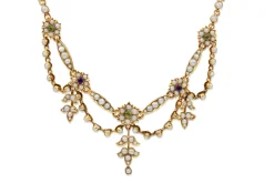 9ct Yellow Gold Antique Amethyst, Pearl and Peridot Suffragette Necklace