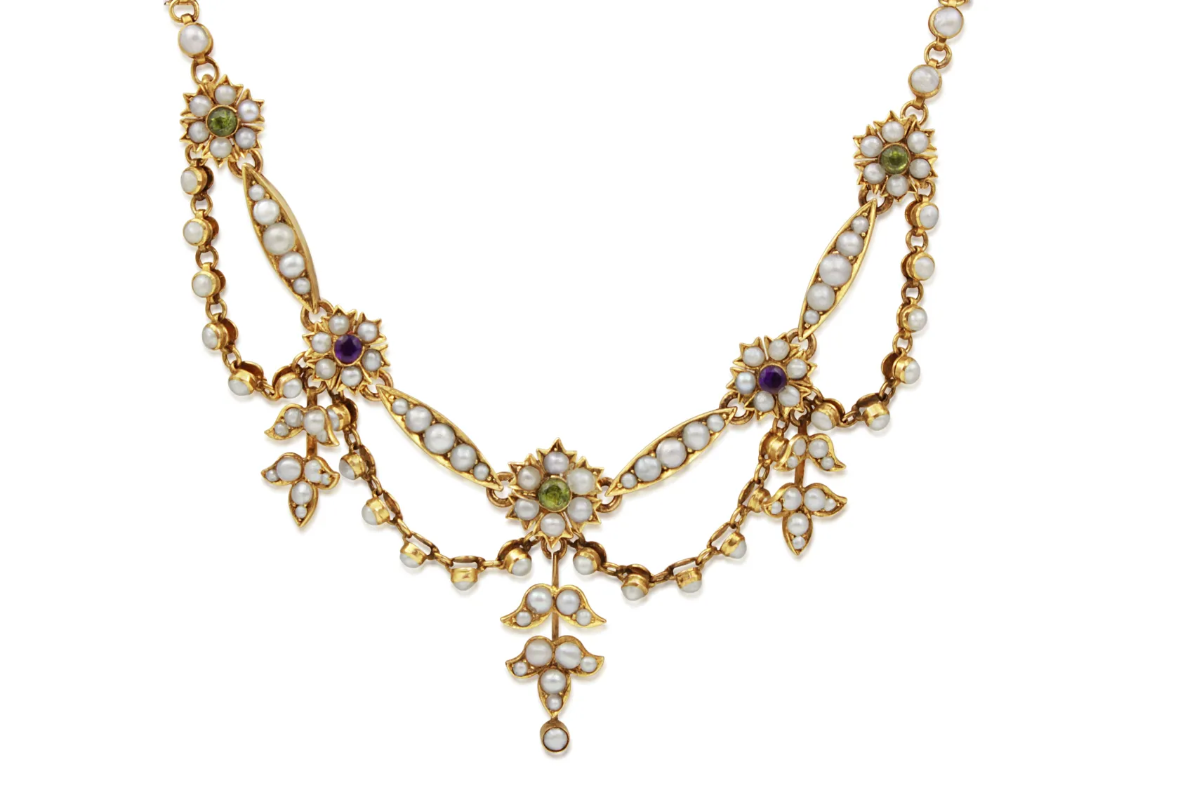 9ct Yellow Gold Antique Amethyst, Pearl and Peridot Suffragette Necklace