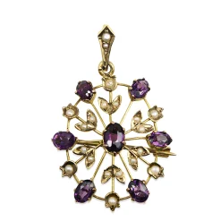 9ct Yellow Gold Antique Amethyst and Pearl Pendant / Brooch