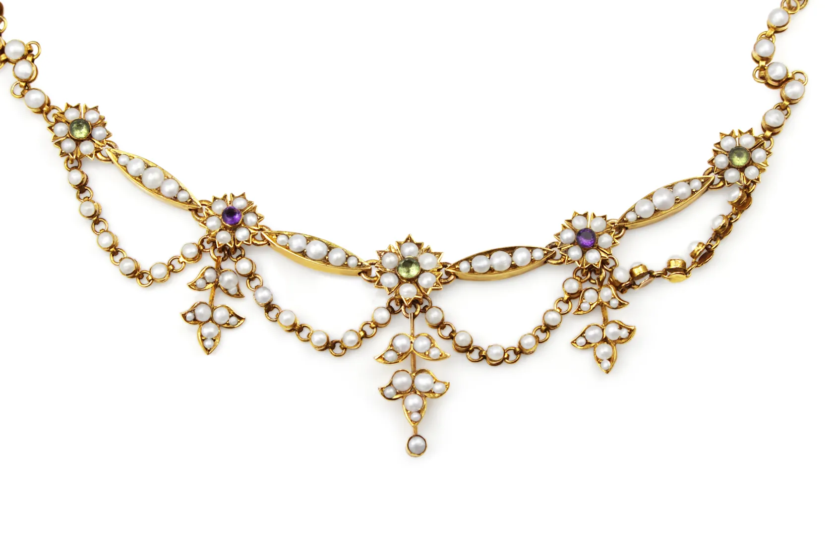 9ct Yellow Gold Antique Amethyst, Pearl and Peridot Suffragette Necklace