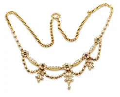 9ct Yellow Gold Antique Amethyst, Pearl and Peridot Suffragette Necklace