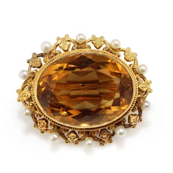 14ct Yellow Gold Antique Citrine and Pearl Brooch