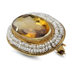 15ct Yellow Gold Antique Citrine and Natural Seed Pearl Brooch