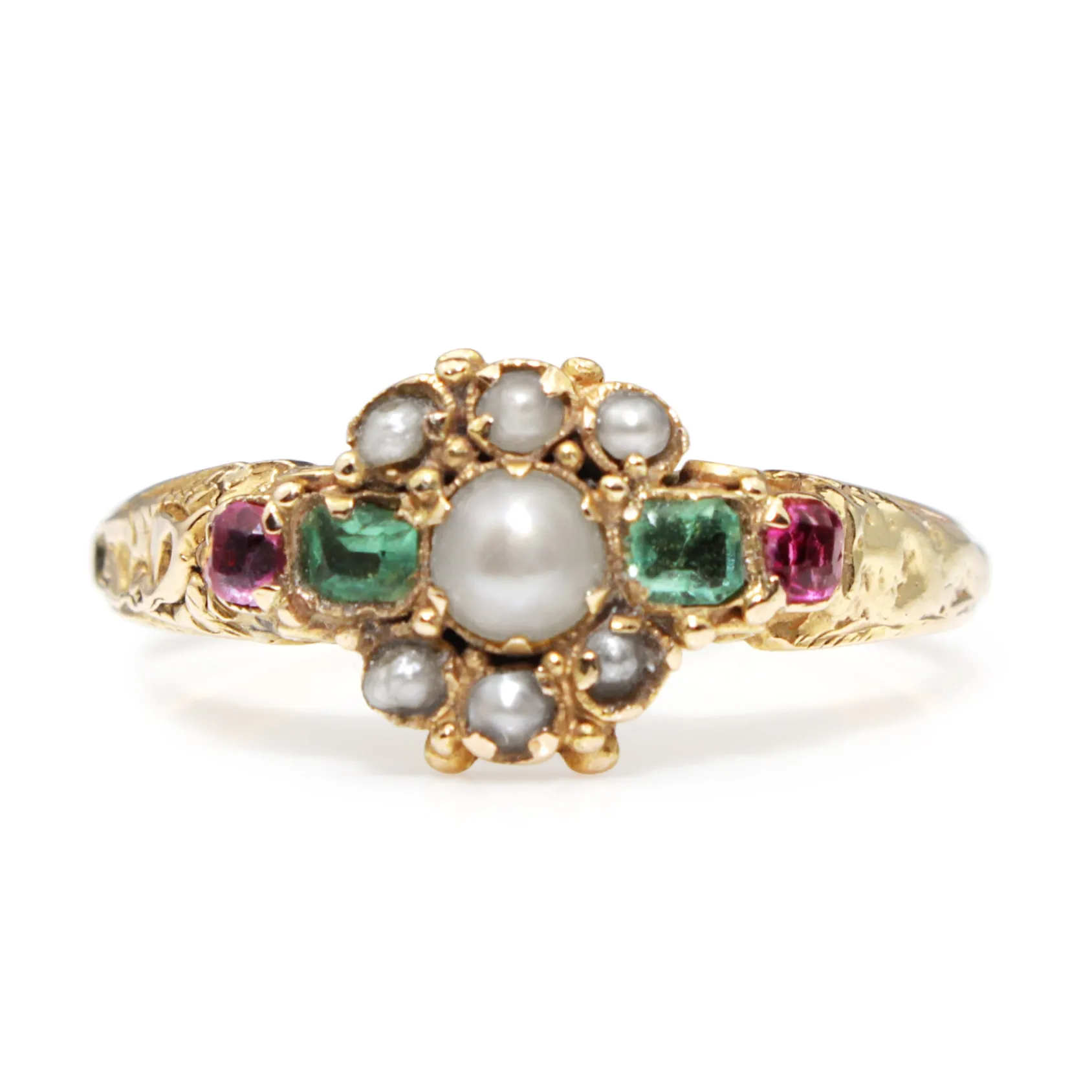 15ct Yellow Gold Antique Emerald, Pearl and Ruby Suffragette Ring