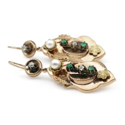 15ct Yellow Gold Antique Emerald, Diamond and Pearl Drop Earrings