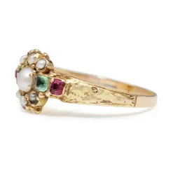 15ct Yellow Gold Antique Emerald, Pearl and Ruby Suffragette Ring
