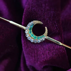 18ct Yellow Gold Antique Emerald and Old Cut Diamond Crescent Brooch
