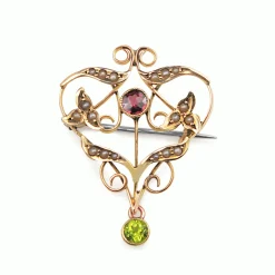 9ct Yellow Gold Antique Garnet, Pearl and Peridot Suffragette Brooch