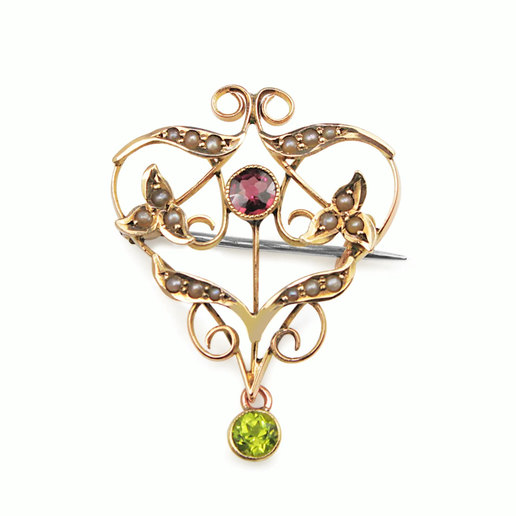 9ct Yellow Gold Antique Garnet, Pearl and Peridot Suffragette Brooch