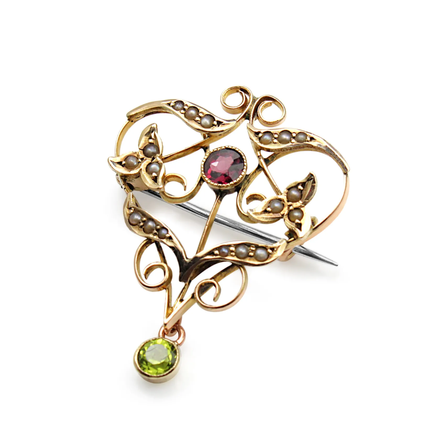 9ct Yellow Gold Antique Garnet, Pearl and Peridot Suffragette Brooch