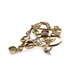 9ct Yellow Gold Antique Garnet, Pearl and Peridot Suffragette Brooch