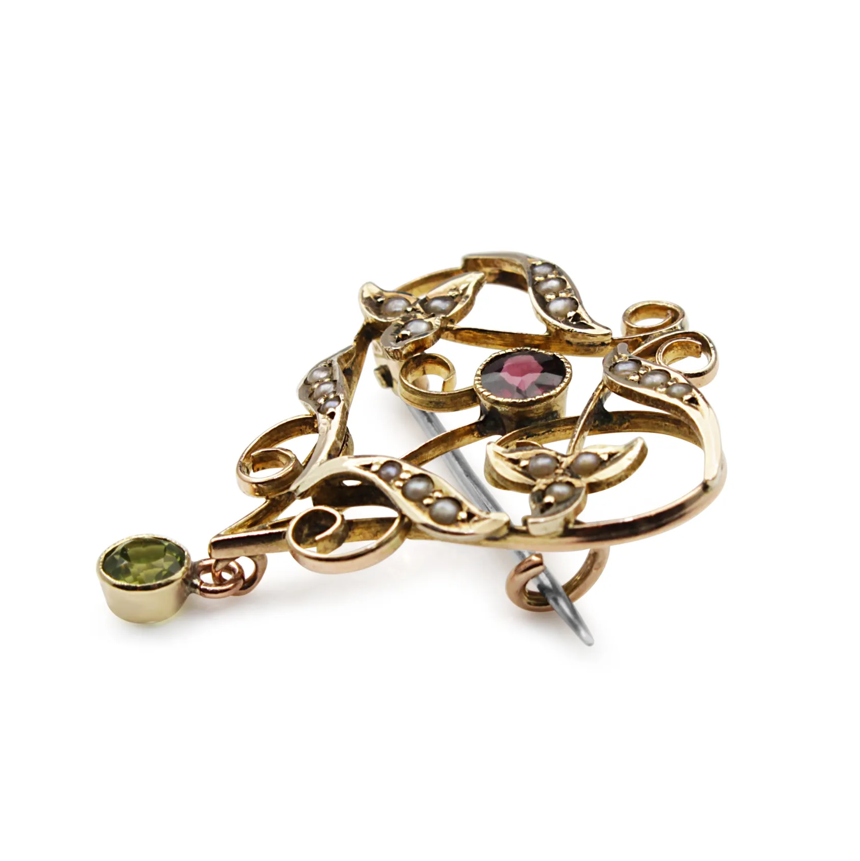 9ct Yellow Gold Antique Garnet, Pearl and Peridot Suffragette Brooch