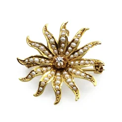 14ct Yellow Gold Antique Old Cut Diamond and Pearl Starburst Brooch/Pendant