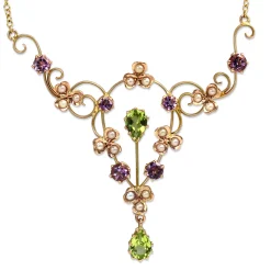 9ct Yellow Gold Antique Peridot, Amethyst and Seed Pearl Suffragette Necklace