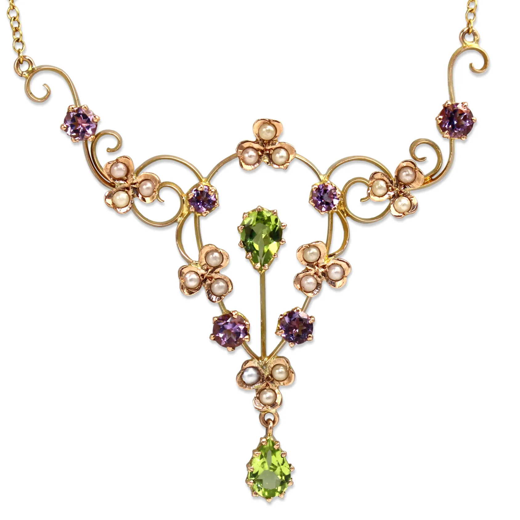 9ct Yellow Gold Antique Peridot, Amethyst and Seed Pearl Suffragette Necklace