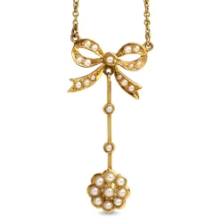 15ct Yellow Gold Antique Pearl Bow and Daisy Necklace