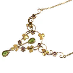 9ct Yellow Gold Antique Peridot, Amethyst and Seed Pearl Suffragette Necklace
