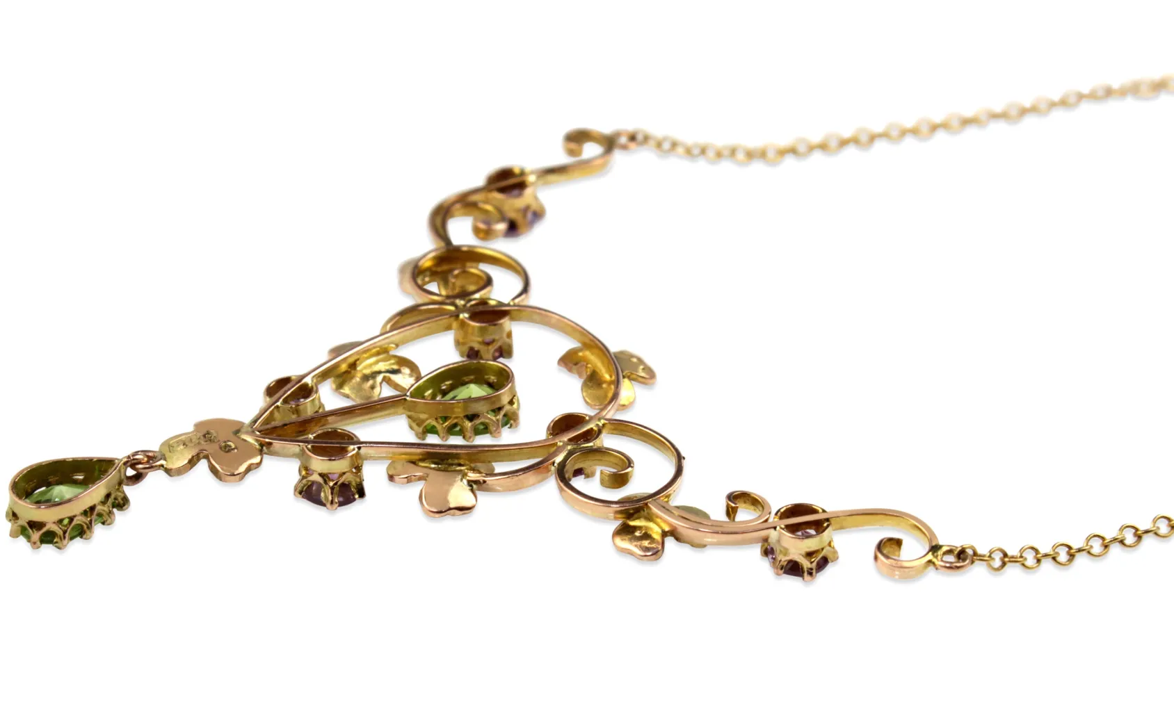 9ct Yellow Gold Antique Peridot, Amethyst and Seed Pearl Suffragette Necklace