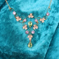 9ct Yellow Gold Antique Peridot, Amethyst and Seed Pearl Suffragette Necklace