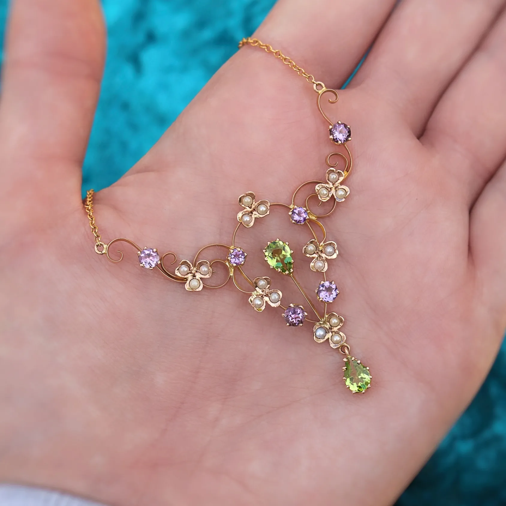 9ct Yellow Gold Antique Peridot, Amethyst and Seed Pearl Suffragette Necklace