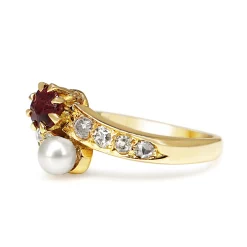 18ct Yellow Gold Antique Ruby, Pearl and Old Cut Diamond Moi et Toi Ring