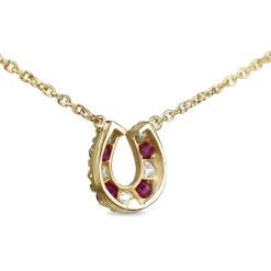 15ct Yellow Gold Antique Ruby and Old Cut Diamond Horseshoe Necklace with 9ct Chain
