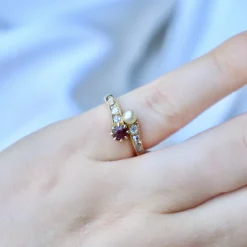 18ct Yellow Gold Antique Ruby, Pearl and Old Cut Diamond Moi et Toi Ring
