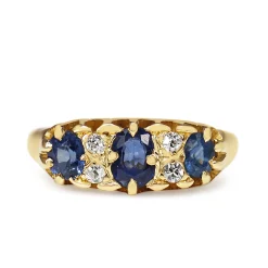 18ct Yellow Gold Antique Sapphire and 3 Stone Old Cut Diamond Ring