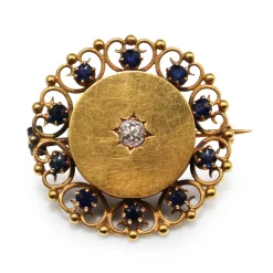15ct Yellow Gold Antique Sapphire and Old Cut Diamond Brooch