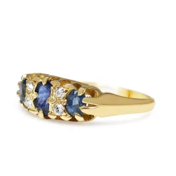 18ct Yellow Gold Antique Sapphire and 3 Stone Old Cut Diamond Ring