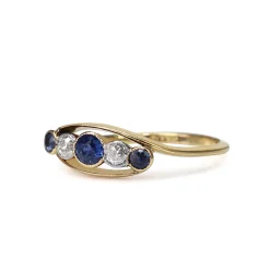 18ct Yellow Gold Antique Sapphire and Old Cut Diamond 5 Stone Ring