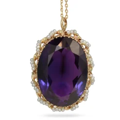 14ct Yellow Gold Antique Seed Pearl and Amethyst Necklace and Brooch