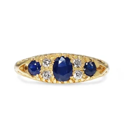9ct Yellow Gold Antique Style Sapphire and DIamond 3 Stone Ring