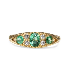 9ct Yellow Gold Antique Style Emerald and Diamond 3 Stone Ring