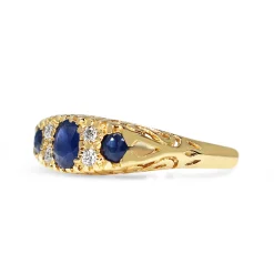 9ct Yellow Gold Antique Style Sapphire and DIamond 3 Stone Ring