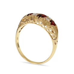 9ct Yellow Gold Antique Style 3 Stone Garnet and Diamond Ring