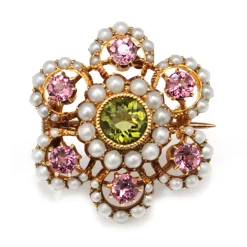 15ct Yellow Gold Antique Suffragette Tourmaline, Pearl and Peridot Brooch