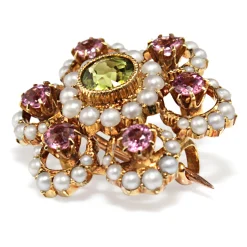15ct Yellow Gold Antique Suffragette Tourmaline, Pearl and Peridot Brooch