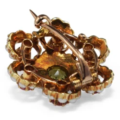 15ct Yellow Gold Antique Suffragette Tourmaline, Pearl and Peridot Brooch