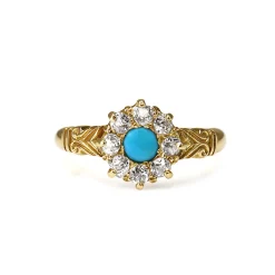 18ct Yellow Gold Antique Turquoise and Old Cut Diamond Ring