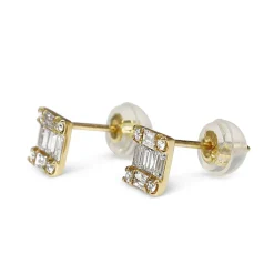 18ct Yellow Gold Baguette and Brilliant Cut Diamond Square Cluster Earrings