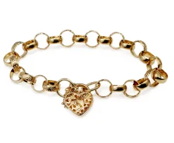 9ct Yellow Gold Belcher Link Etched Bracelet with Heart Padlock Clasp