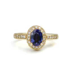 14ct Yellow Gold Blue and White Sapphire Halo Ring