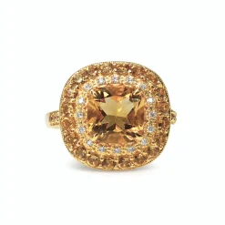 9ct Yellow Gold Citrine and Diamond Halo Ring